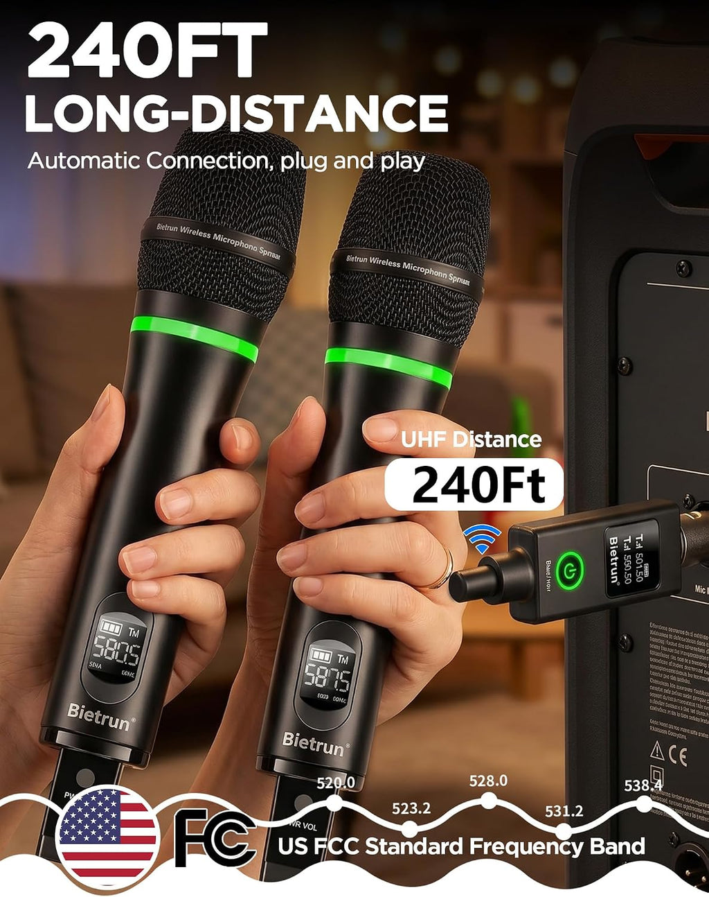 XLR Wireless Microphone, Rechargeable Dual Metal Cordless Handheld Dynamic Mics for Mixer, Audio Interface, PA