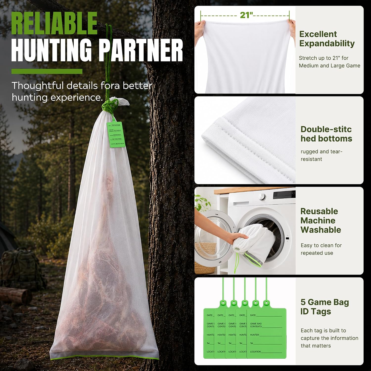 Elk Game Bags, Field Dressing Meat Bags for Elk Deer Moose, 5 Pack | Protect Harvested Meat in the Field, Breathable
