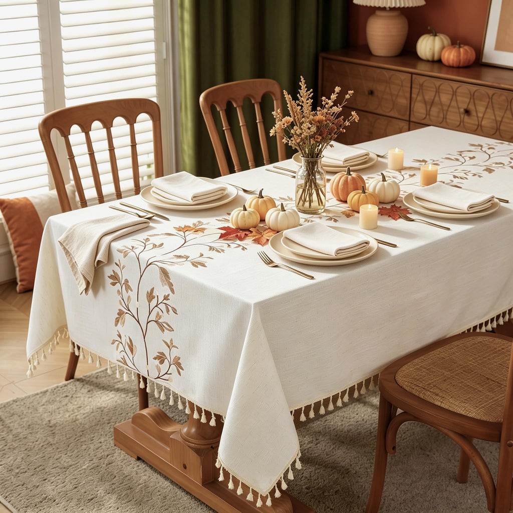 Rectangle Embroidered Tablecloth with Tassels 55x86 Inch