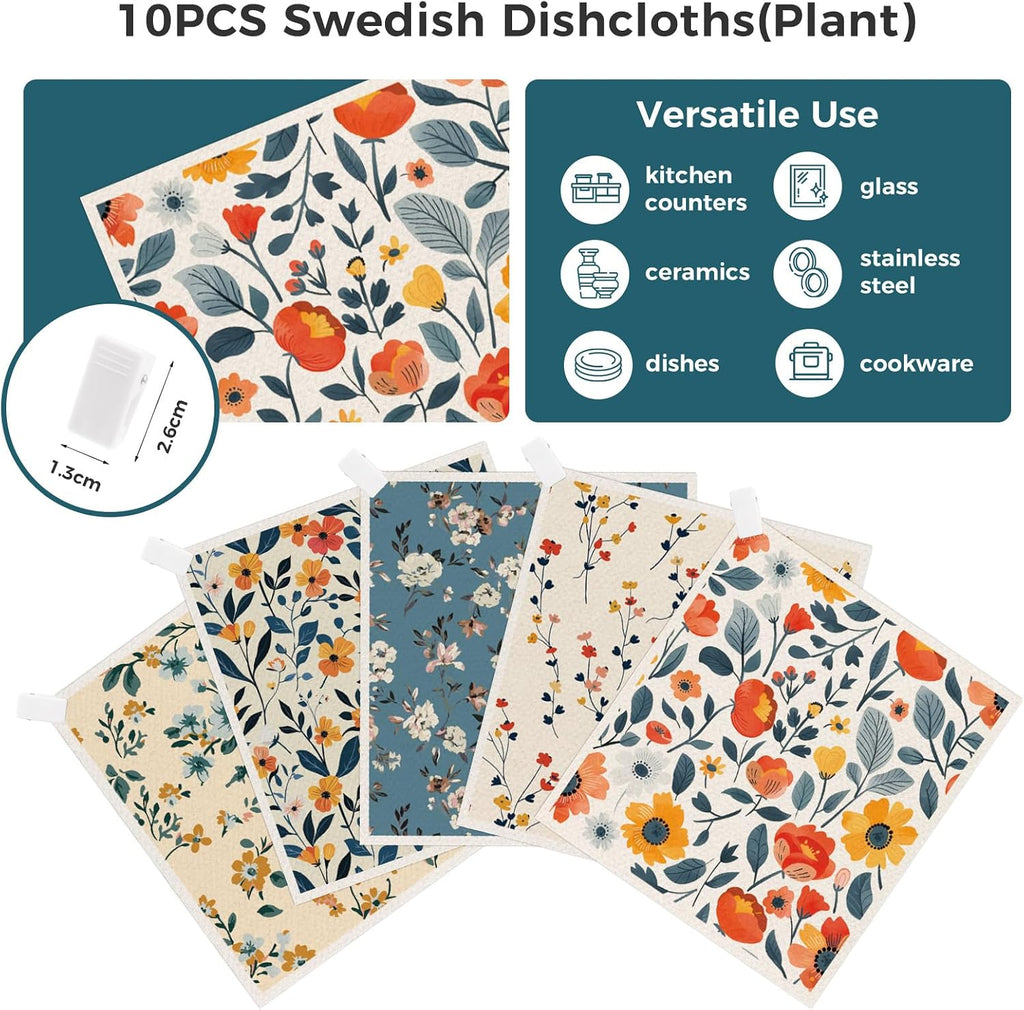 10 Pack Swedish Dishcloths, Reusable Kitchen Towels with Clips, Plant