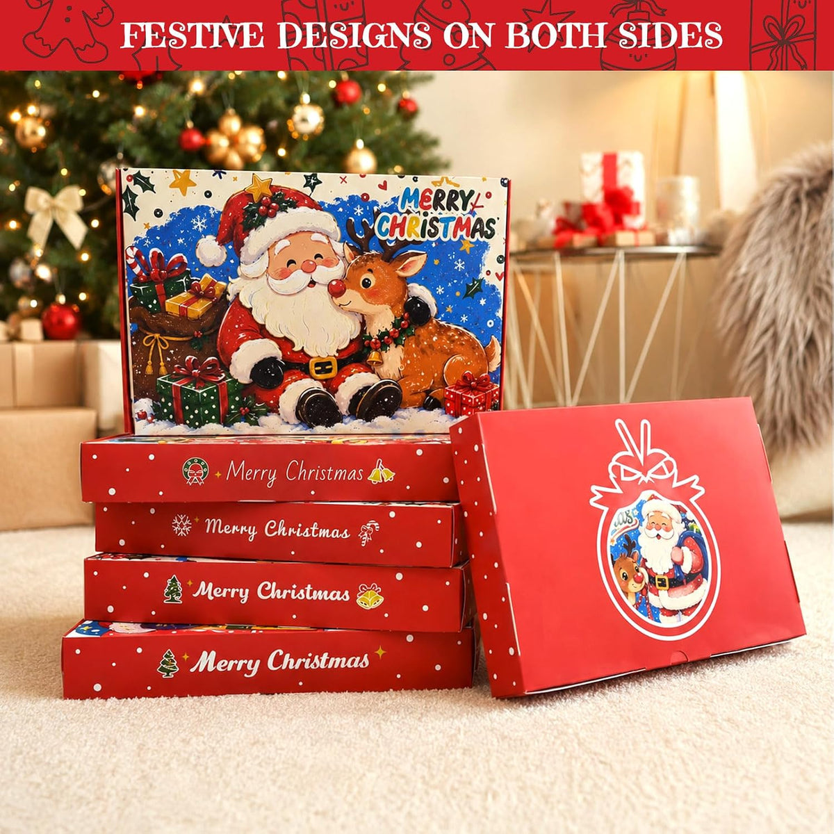 12 Pack Christmas Gift Boxes with Lids, with 16.4 Yd Foil Ribbon