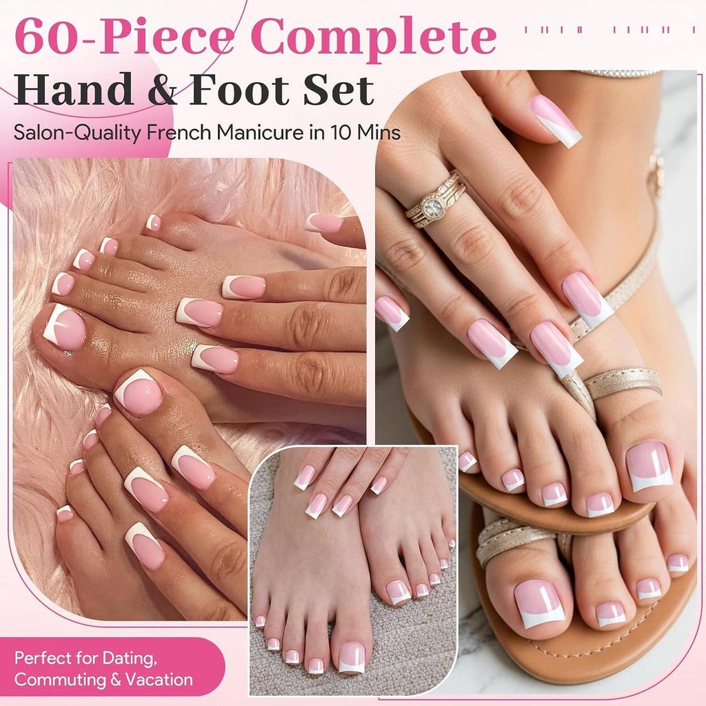 Press on Nails & Toenails, 60Pcs 2-in-1, Light Pink French Tip
