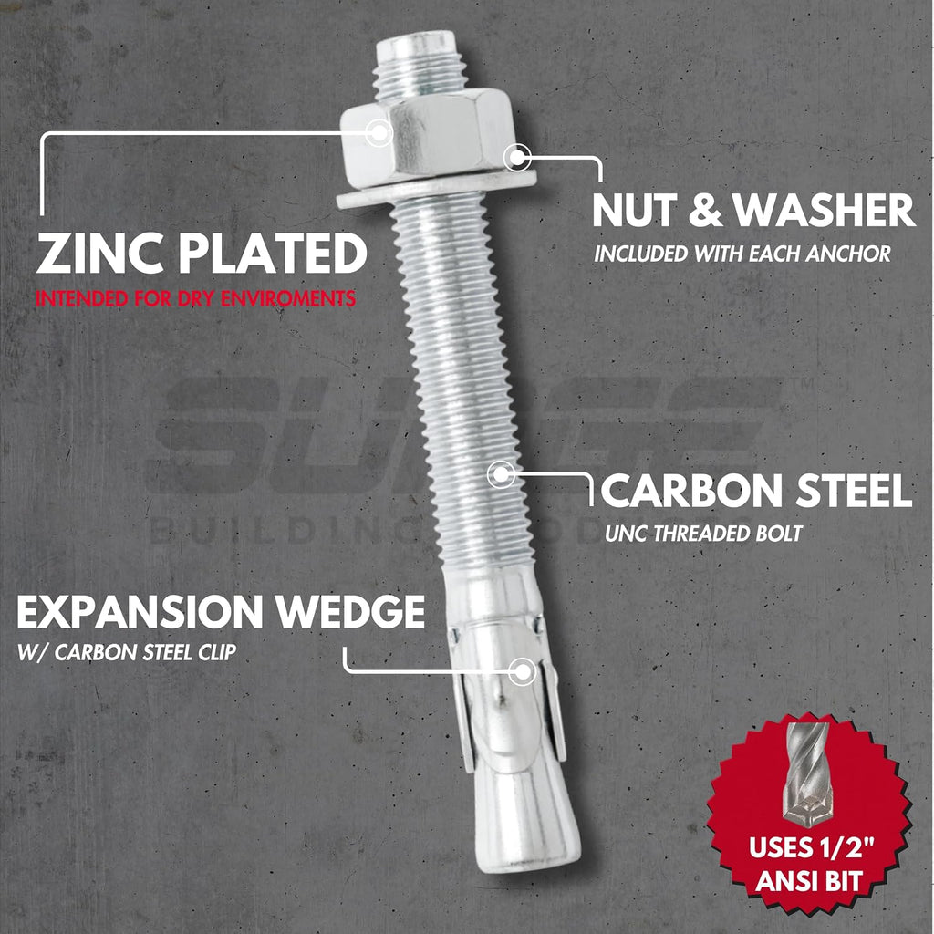 1/2" x 4-1/2" Zinc-Plated Wedge Anchors for Concrete & Cement (Box of 25) | Heavy-Duty 1/2 Concrete Anchor Bolts |