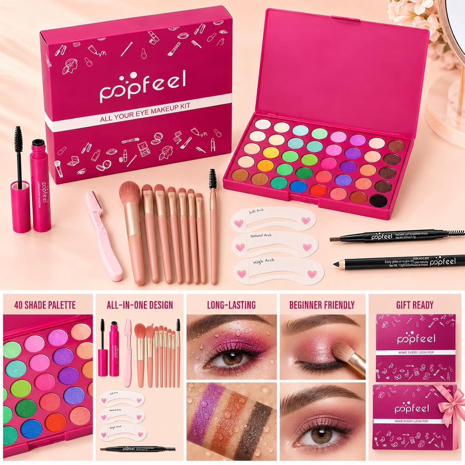 40-Color Eyeshadow Palette Eye Makeup Set (Red) | 40 Color Shade Palette All-in-One Kit Begineer Friendly Full Eye