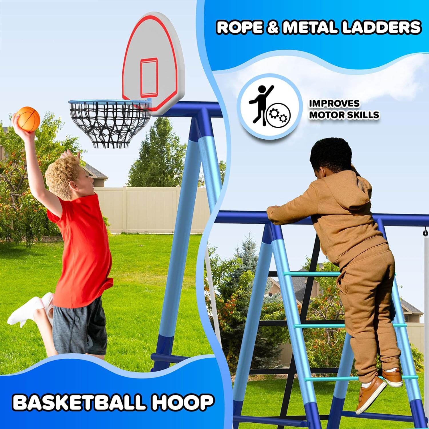 Ramona Metal Swing Set 7-in 1: 3 Swings, Climbing Ladder and net, Basketball Hoop, and 5-ft Blow Molded Slide, 700lb