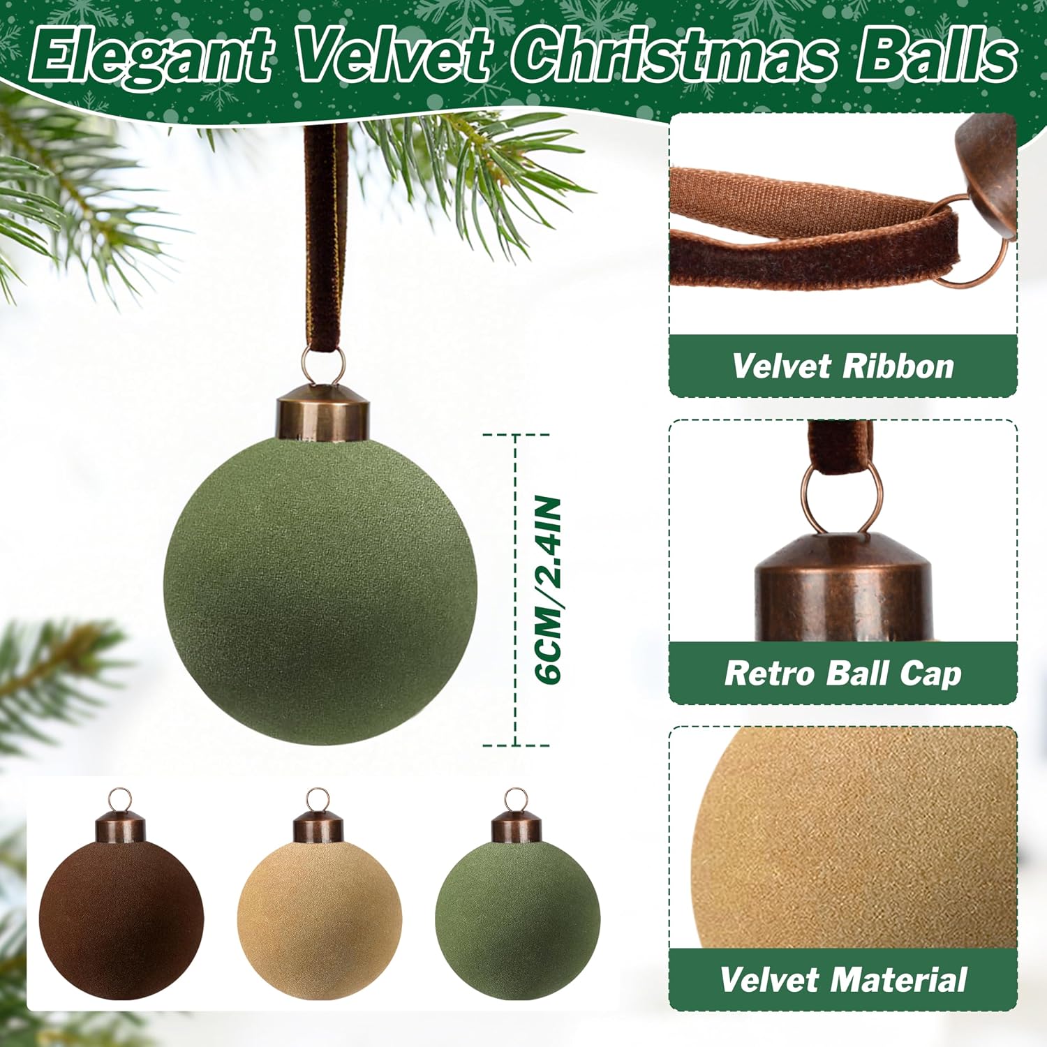 30 Pcs Velvet Christmas Balls,2.4 Inch Flocked Ornaments with Velvet Ribbons, Shatterproof Plastic Christmas Bulbs