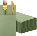 75 Pcs Sage Green Linen Dinner Napkins with Built in Flatware