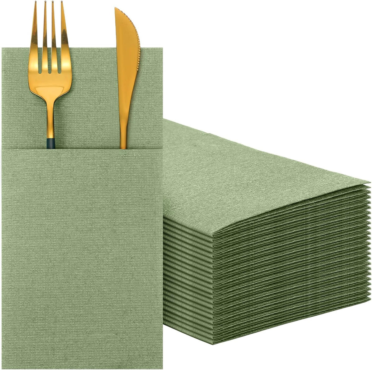 75 Pcs Sage Green Linen Dinner Napkins with Built in Flatware