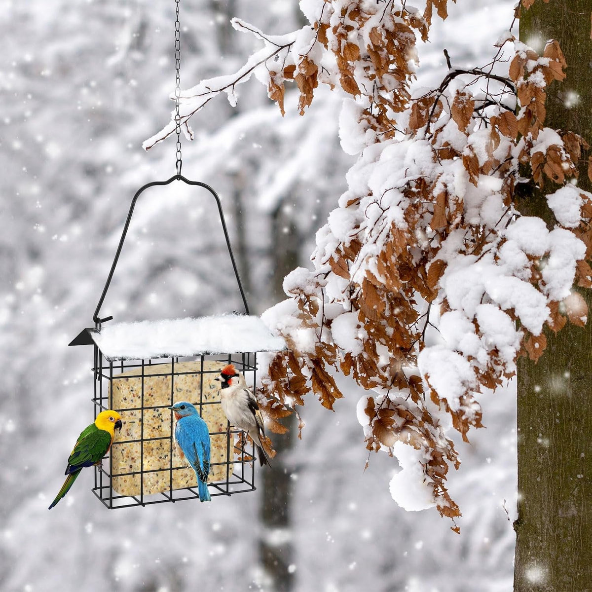 2Pcs Suet Bird Feeder Hanging, Metal Roof Adjustable Chain