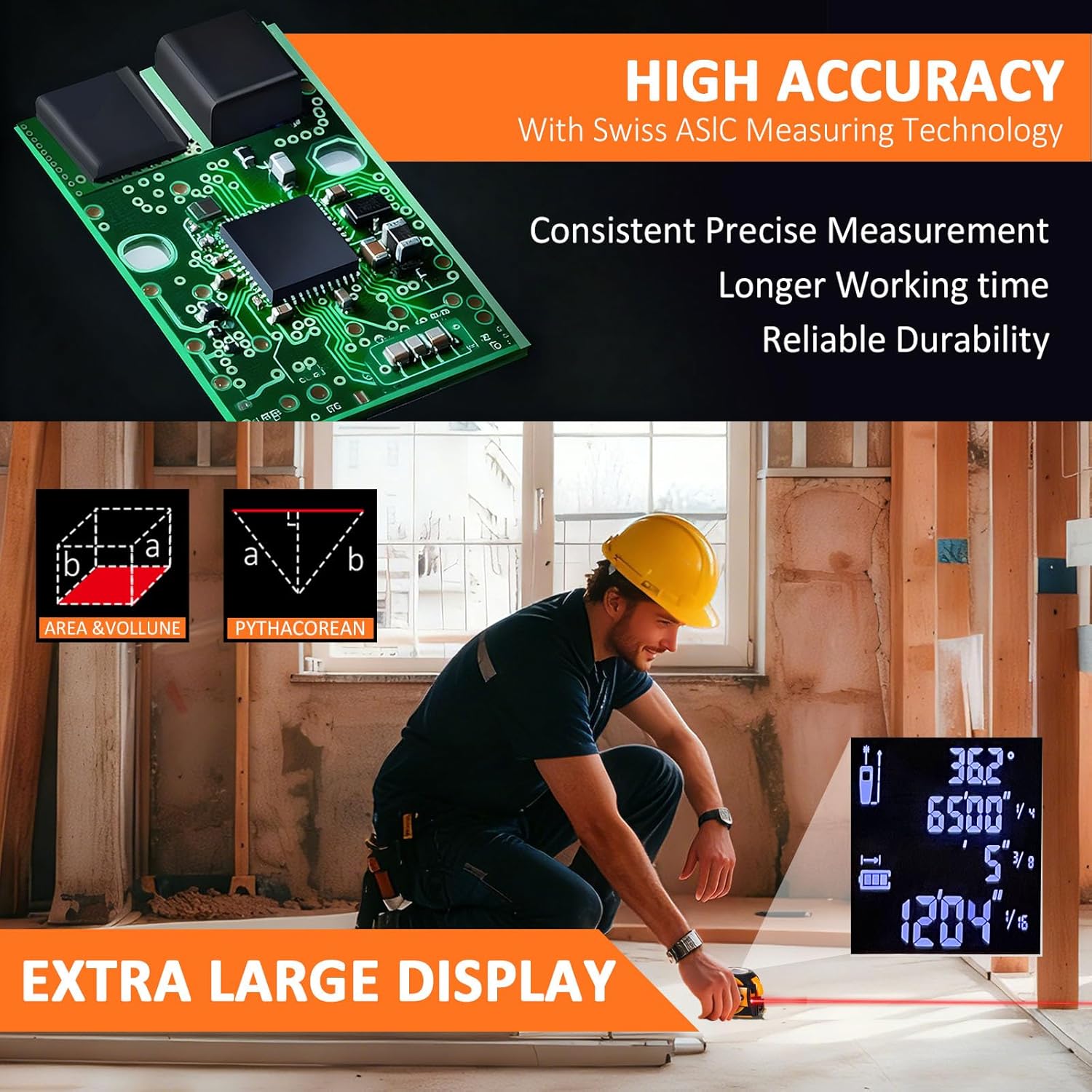 3-in-1 Laser Tape Measure, 197ft Laser Distance Meter, 16ft Digital Tape Measure, Digital Level