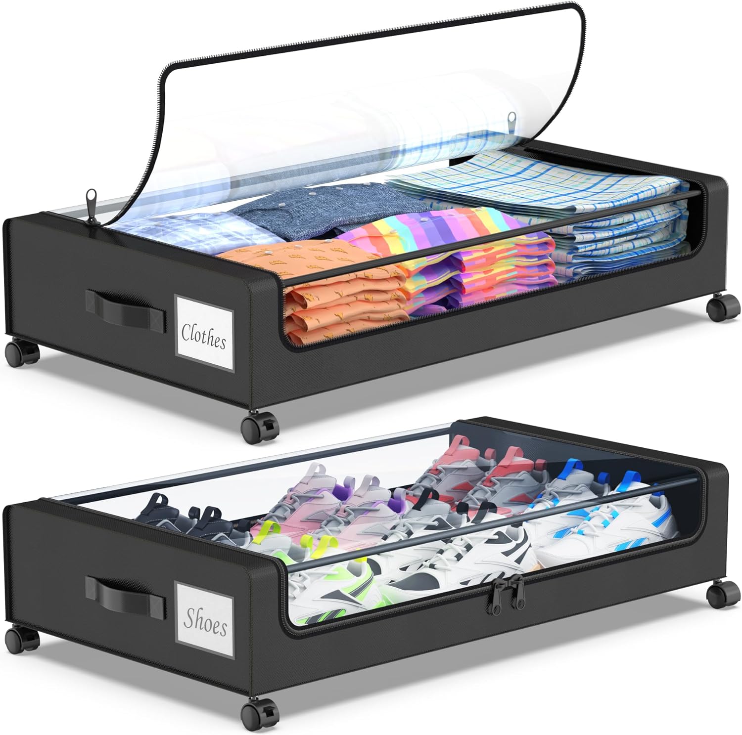 Beborxue Under Bed Storage with Wheels, 2-Pack Under the Bed Storage Containers with Lids, XXL 60L Under Bed Shoes