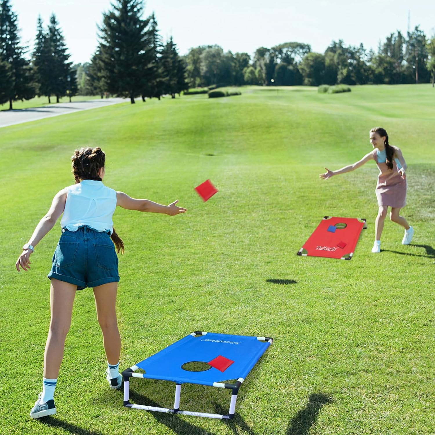 Portable Cornhole Set PVC Framed Corn Holes Outdoor Game Set with 2 Cornhole Boards, 8 Cornhole Bean Bags and
