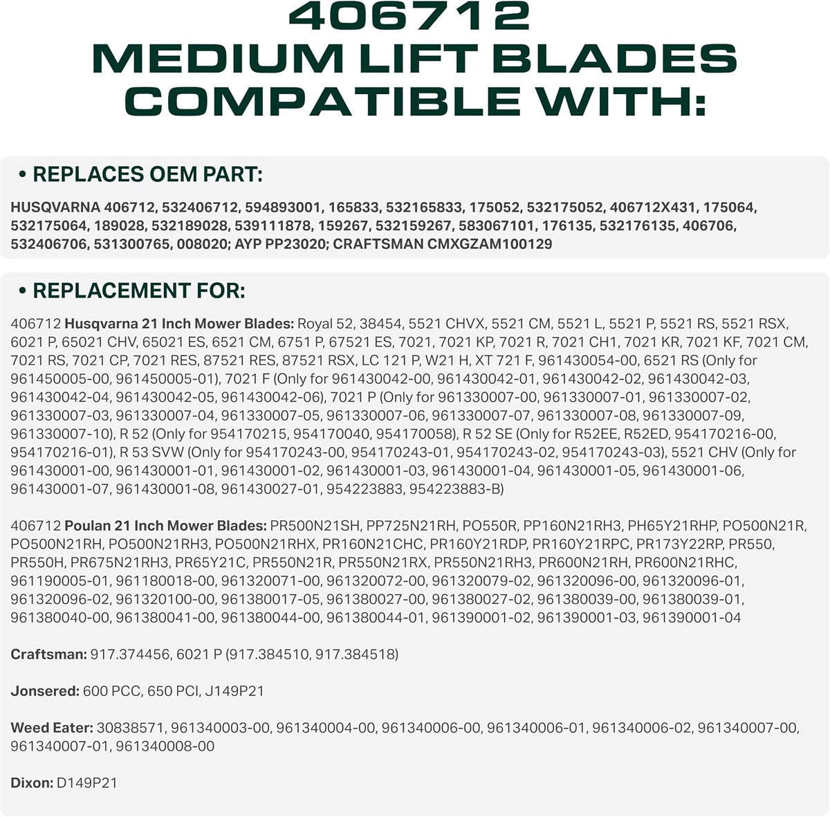 UDC Parts 406712 Medium Lift Mower Blades Replacement for Husqvarna 21 Inch