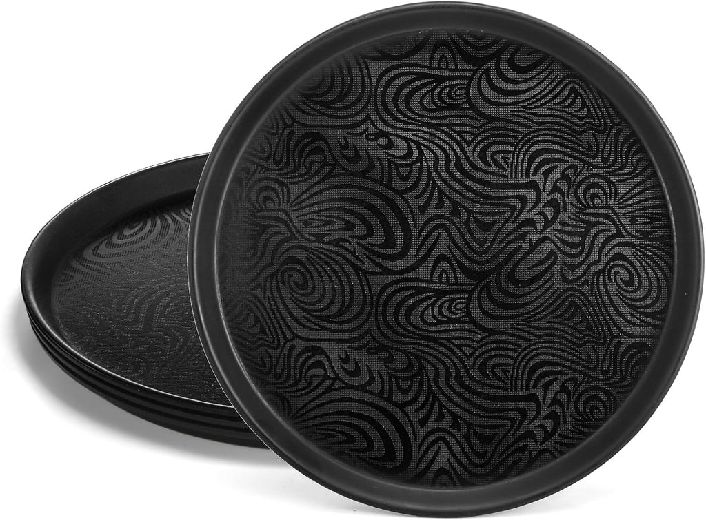 4 Pack Round Restaurant Serving Tray, 14 Inch Black Plastic Server Tray Non-Slip Food Serving Platter for Drinks