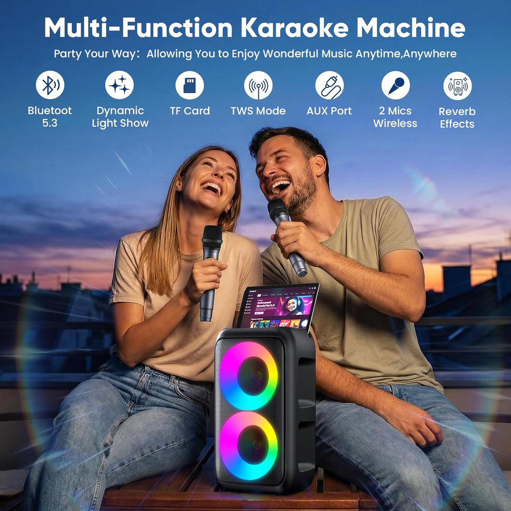 Karaoke Machine for Adults Kids, Portable Bluetooth Speaker with 2 Wireless Microphones, TWS Mode & LED Light, 10H