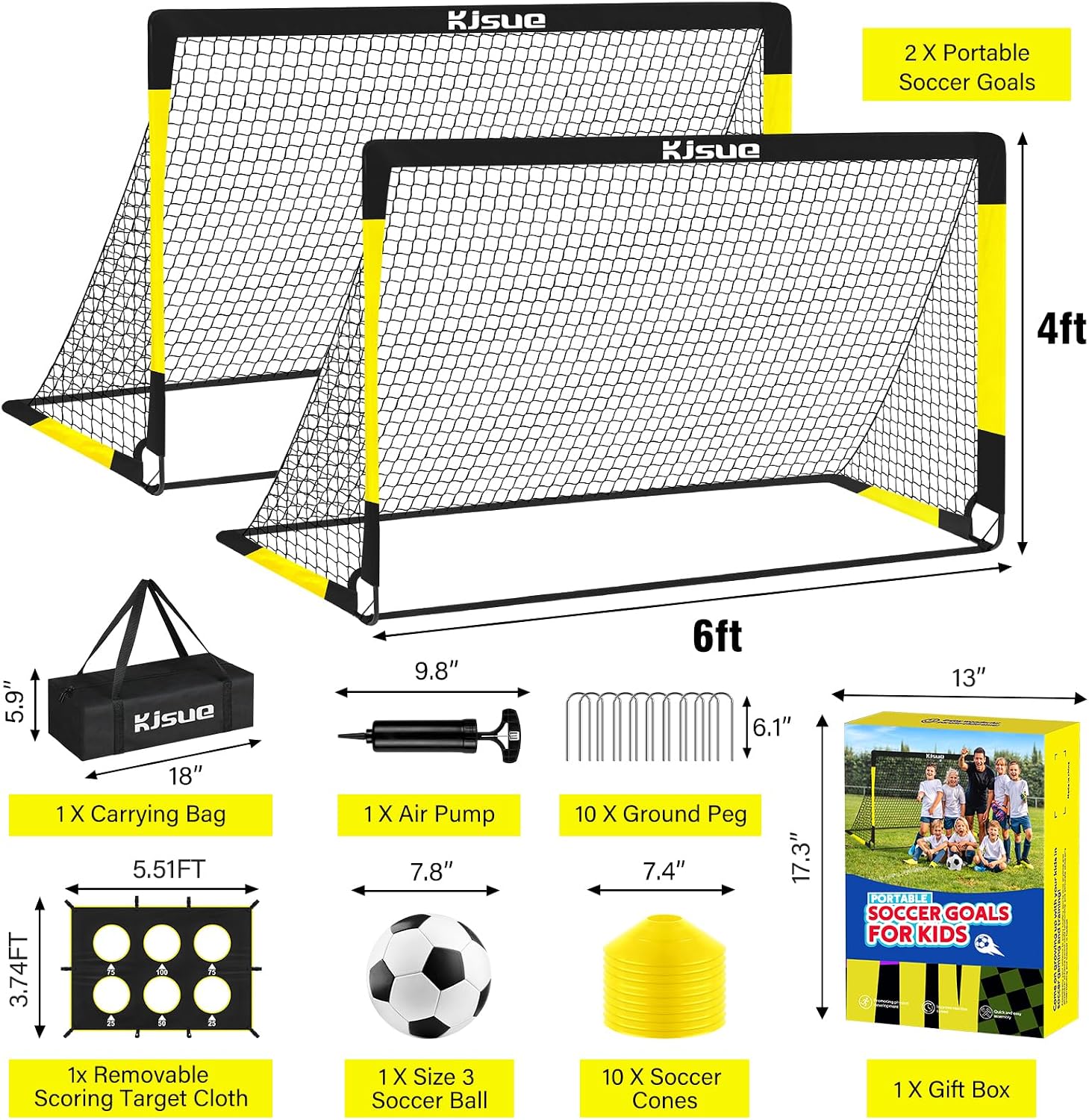 Kids Soccer Goal for Backyard Set - 2 of 6x4 ft Soccer Goals Training Equipment, Soccer Net for Kids Age 3-5 6-8 8-10