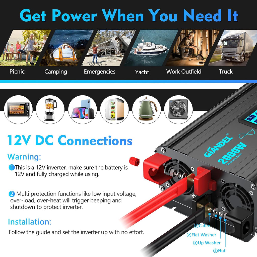 2000 Watt Pure Sine Wave Power Inverter 2000W 12V DC to 120 V AC Lithium Battery Compatible for RVs Off Grid Solar