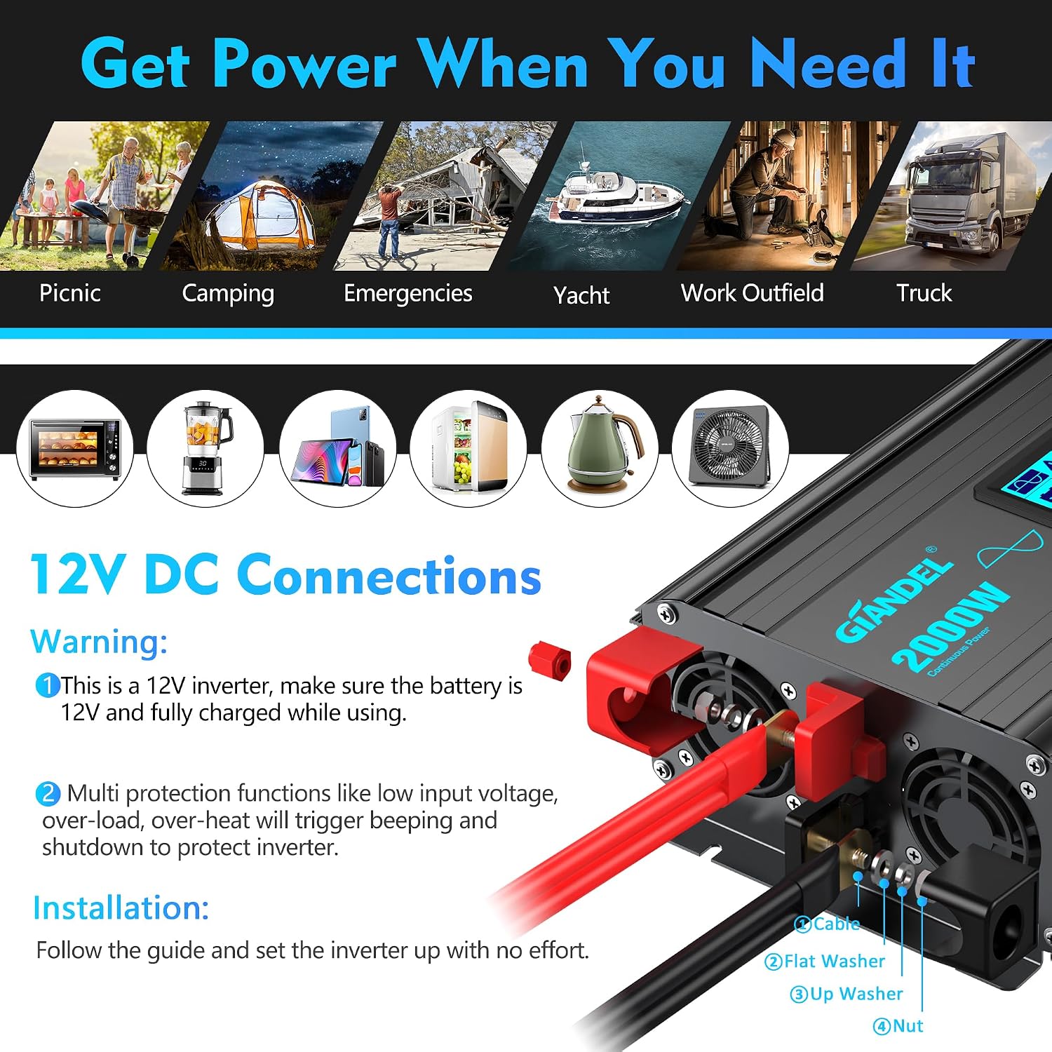 2000 Watt Pure Sine Wave Power Inverter 2000W 12V DC to 120 V AC Lithium Battery Compatible for RVs Off Grid Solar