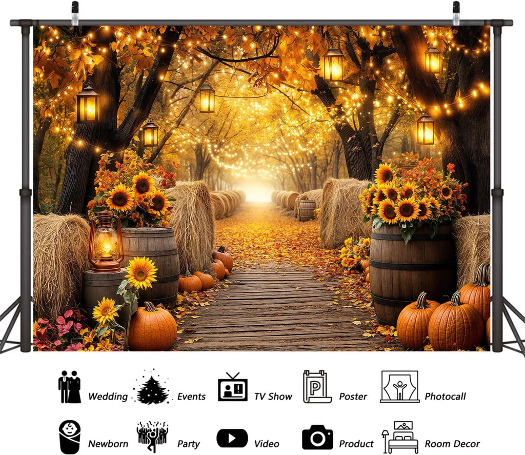 Fall Photo Backdrop, Autumn Forest Scenery Maple Leaves Pumpkins Sunflowers Photography Background, Fall Farm Harvest