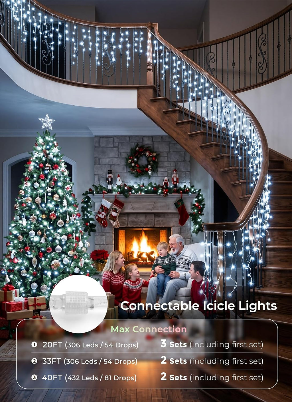 Icicle Christmas Lights Outdoor, 40Ft 432 LED Waterproof White Icicle Lights for Outside, 8 Lighting Modes