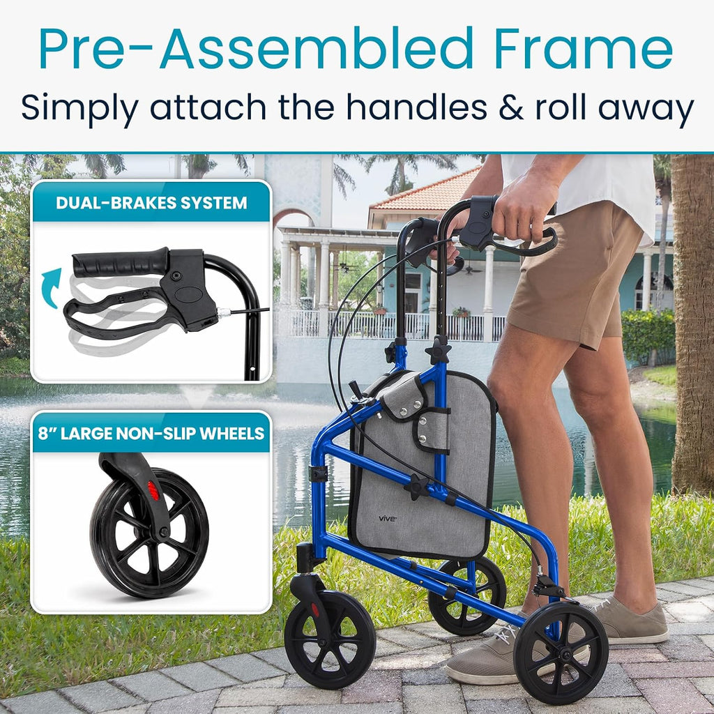 3 Wheel Walker - Three Wheeled Rollator for Seniors - Lightweight, Foldable, Narrow, Heavy Duty - for Elderly Men