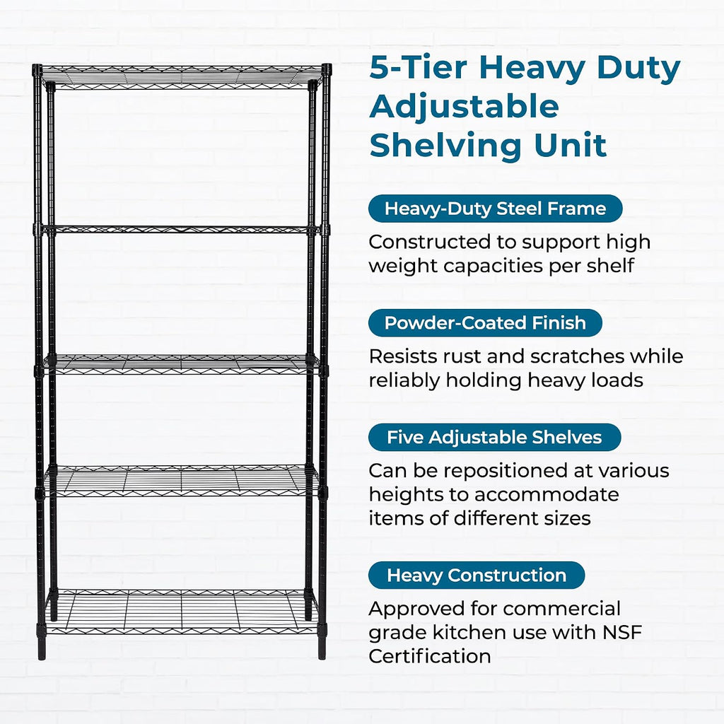 5-Tier Black Wire Shelf, NSF, 200 lb/Shelf, 36x14x72 in