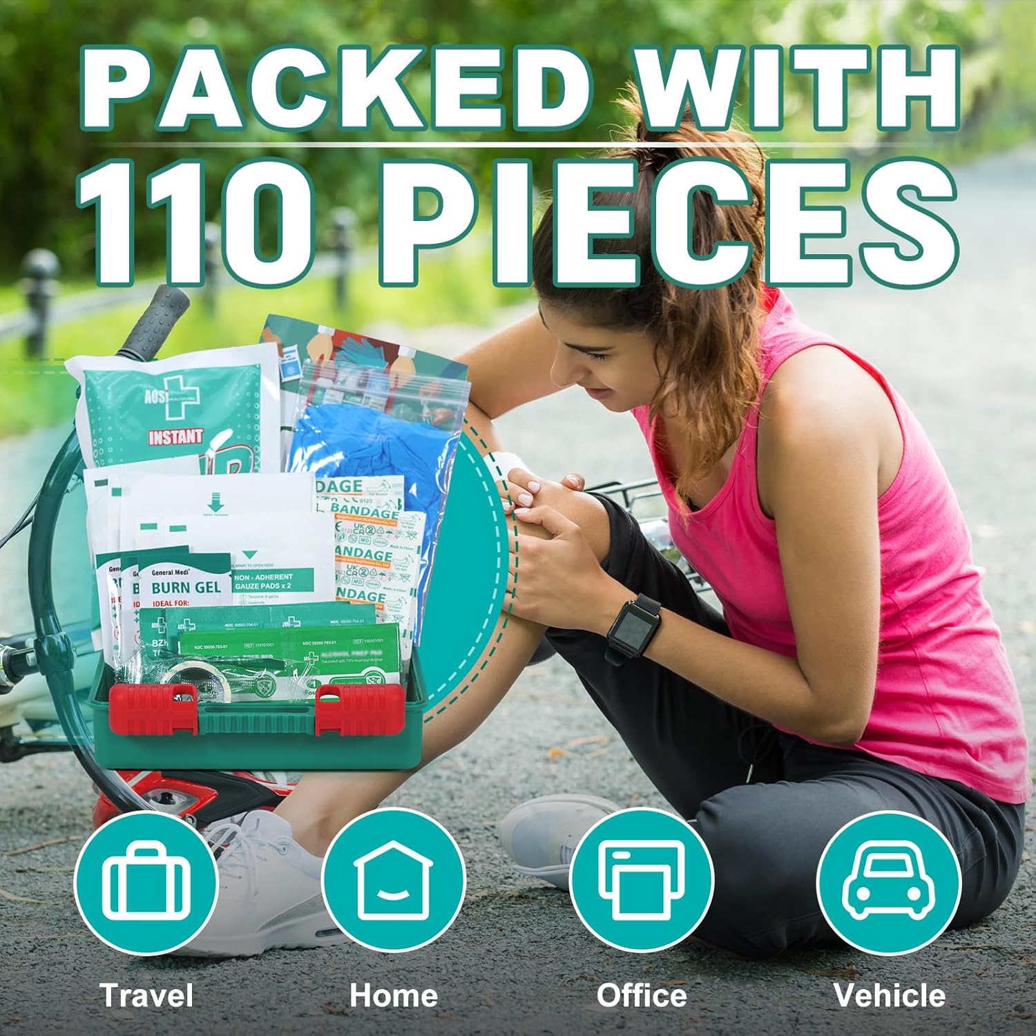 110 Pieces Small First Aid Kit - HardCase First Aid Box - Contains Premium Medical Supplies for Travel, Home, Office