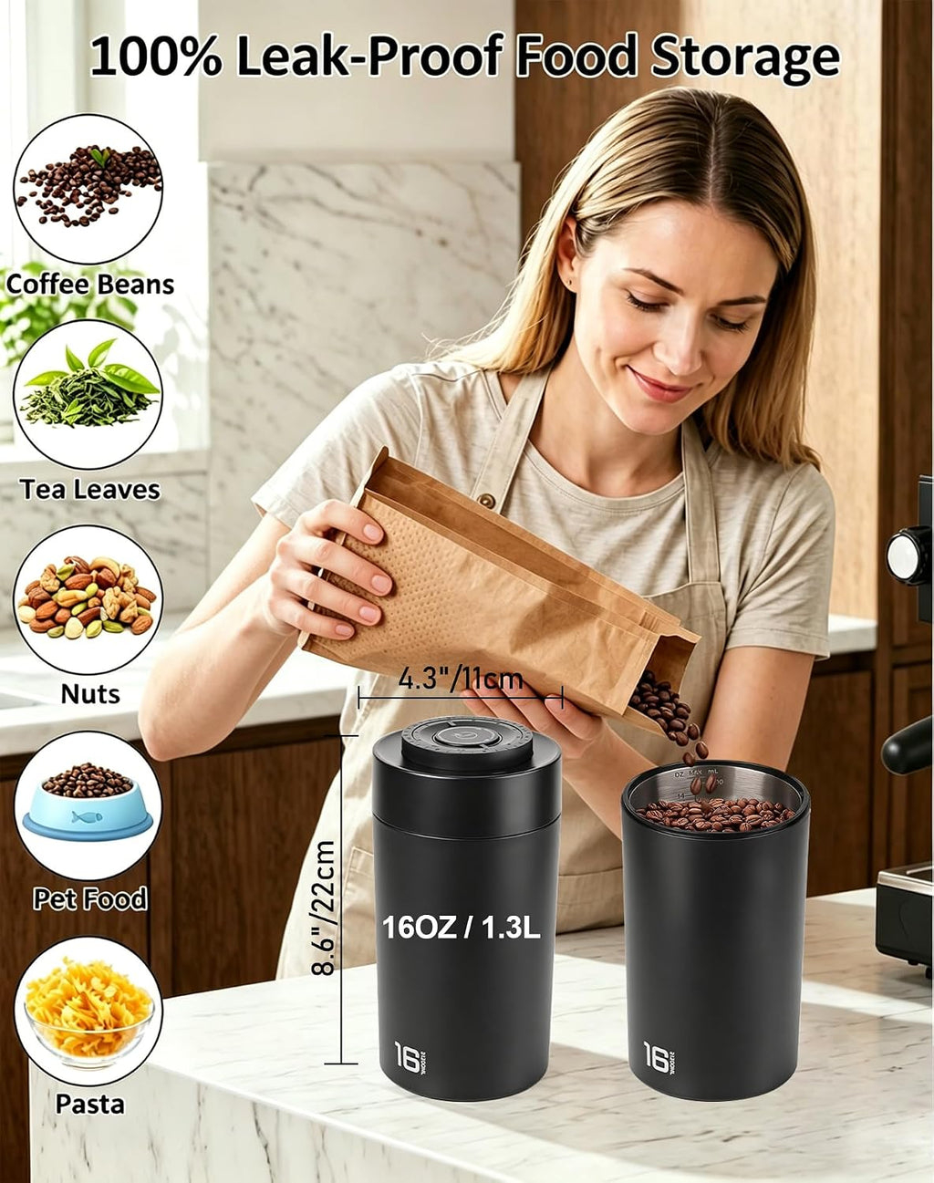 Auto Vacuum Coffee Canister, Rechargeable Airtight Coffee Container with 304 Stainless Steel Inner, Scoop, Sealed