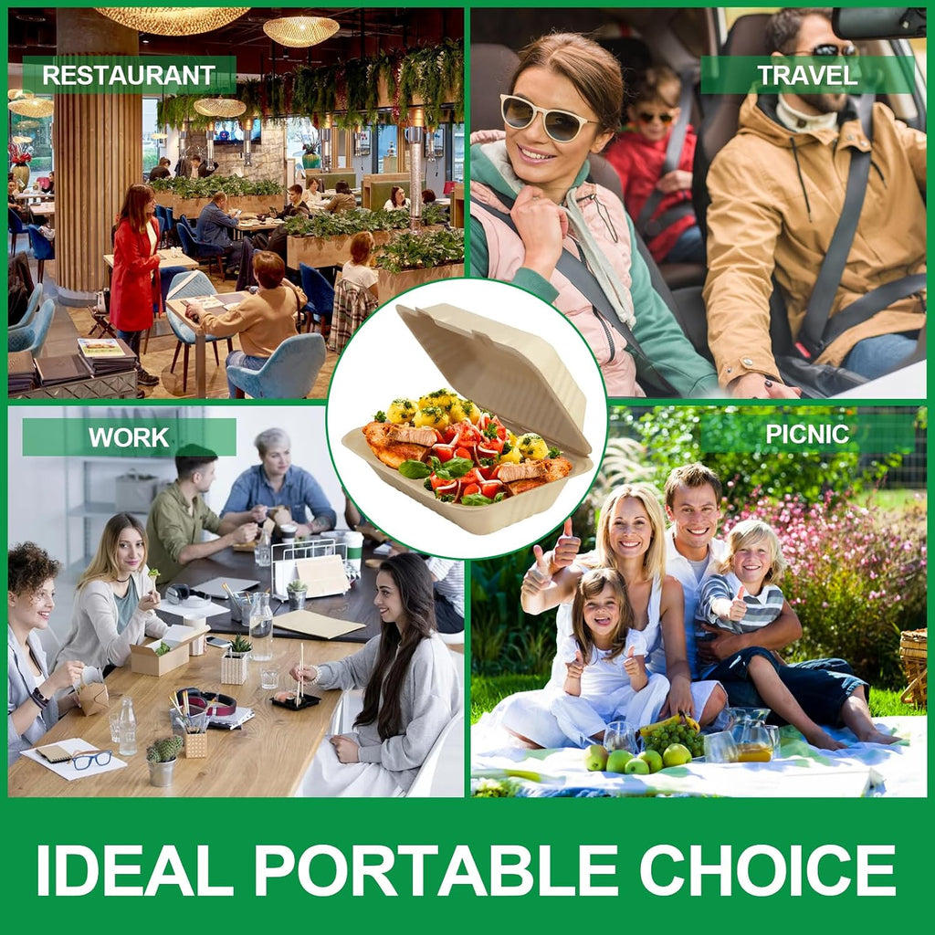 Compostable Clamshell Food Containers [9x6 Inch 100-Pack] Disposable To Go Food Containers, Clamshell To Go Boxes for