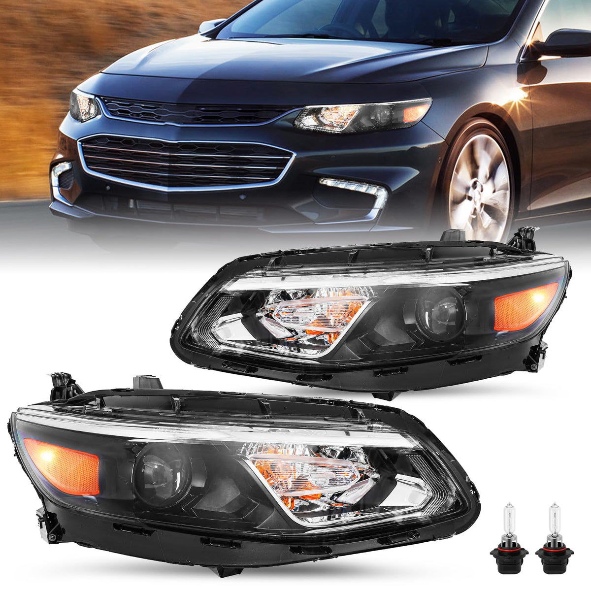 Halogen Headlight Assembly W/Bulbs for 2016 2017 2018 Chevy Malibu