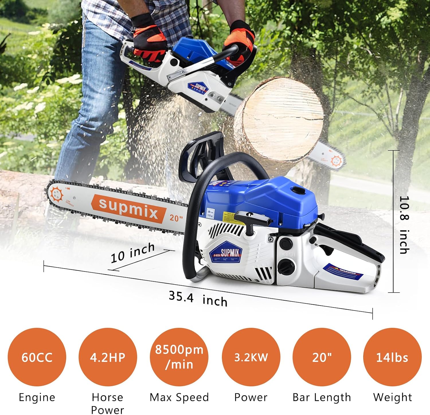 20 Inch Gas Chainsaw 62cc Gasoline Powered Chain Saw 2-Stroke Handheld Cordless Petrol Chainsaws for Cutting Wood