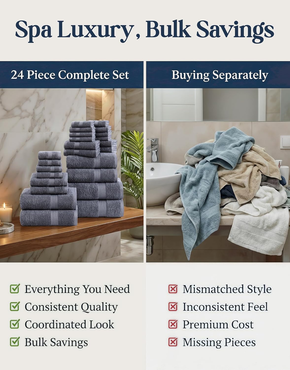 100% Cotton Bath Towels Set - 24 PCs - Durable, Quick Dry, Super Soft & Highly Absorbent - 4 Bath, 4 Fingertip, 6