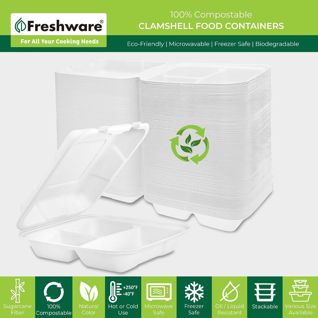Compostable Clamshell Food Containers [8x8"] 3-Compartment 50-Pack, Disposable Containers, Biodegradable Sugarcane to