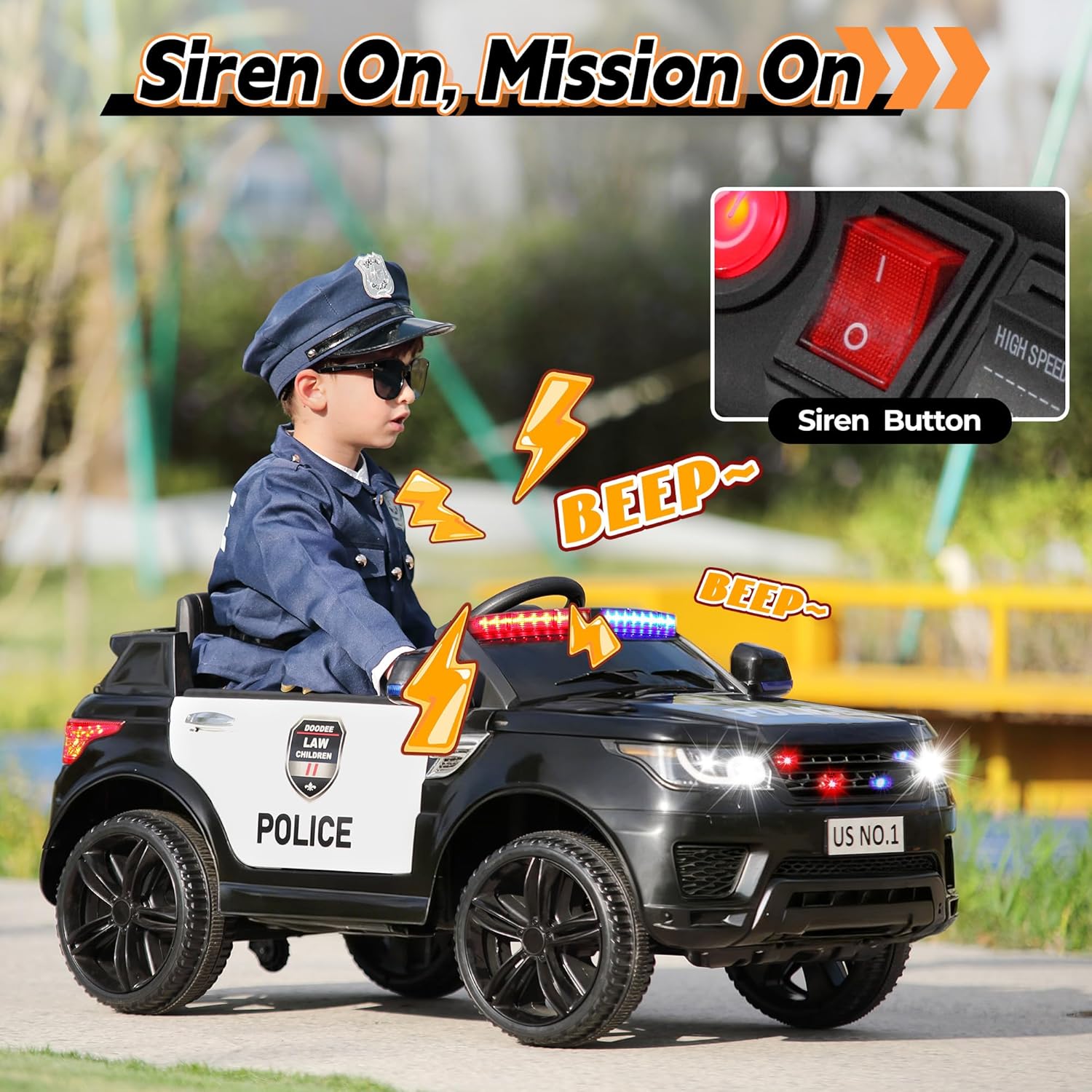 12V Police Ride-On Toy Electric Car for Kids 1-8 to Drive | Battery Powered Cop Truck with Blutooth, Remote Control