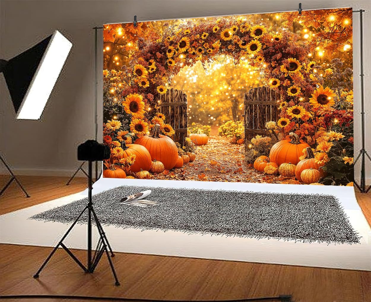 7 x 5 ft Fall Backdrop Autumn Sunflower Arch Forest Leaves Pumpkins Scenery Rustic Trail Harvest Photography