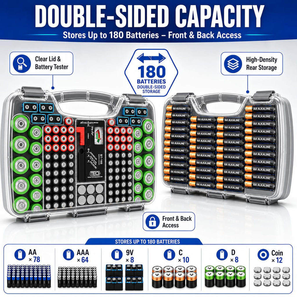 180 Battery Organizer Case with Tester, Double-Sided, Locking Lid