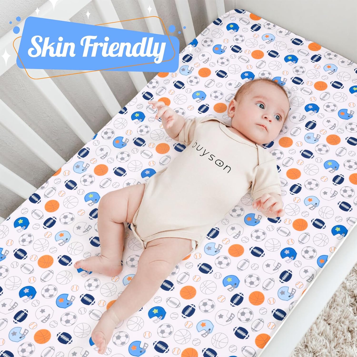 Crib Sheet - 1 Pack Sports Theme Nursery Bedding Sheet - Footballs Printed Standard Size Infant Bed Sheet Basketball