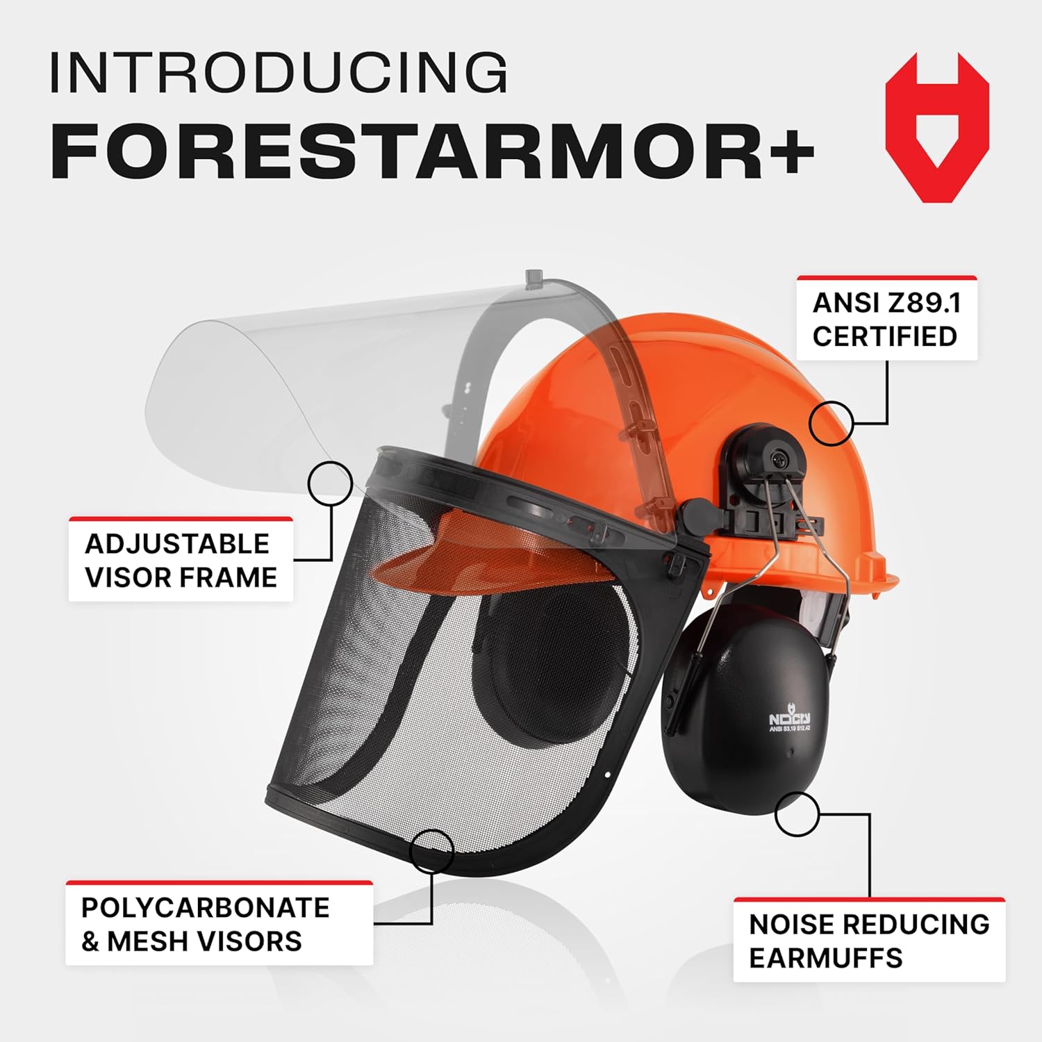 6-in-1 Industrial Chainsaw Helmet with Face Shield and Ear Muffs — Mesh & Clear Plastic Visors Included — ANSI Z89.1
