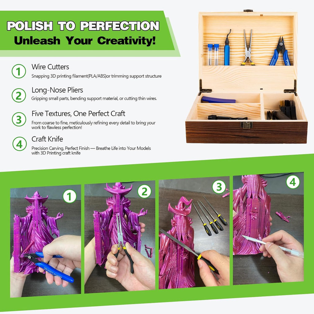3D Printing Tool Set with Wood Box – 3D Printer Tools Features a deburring Tool, Wire Cutter, Drill, and Scraper for