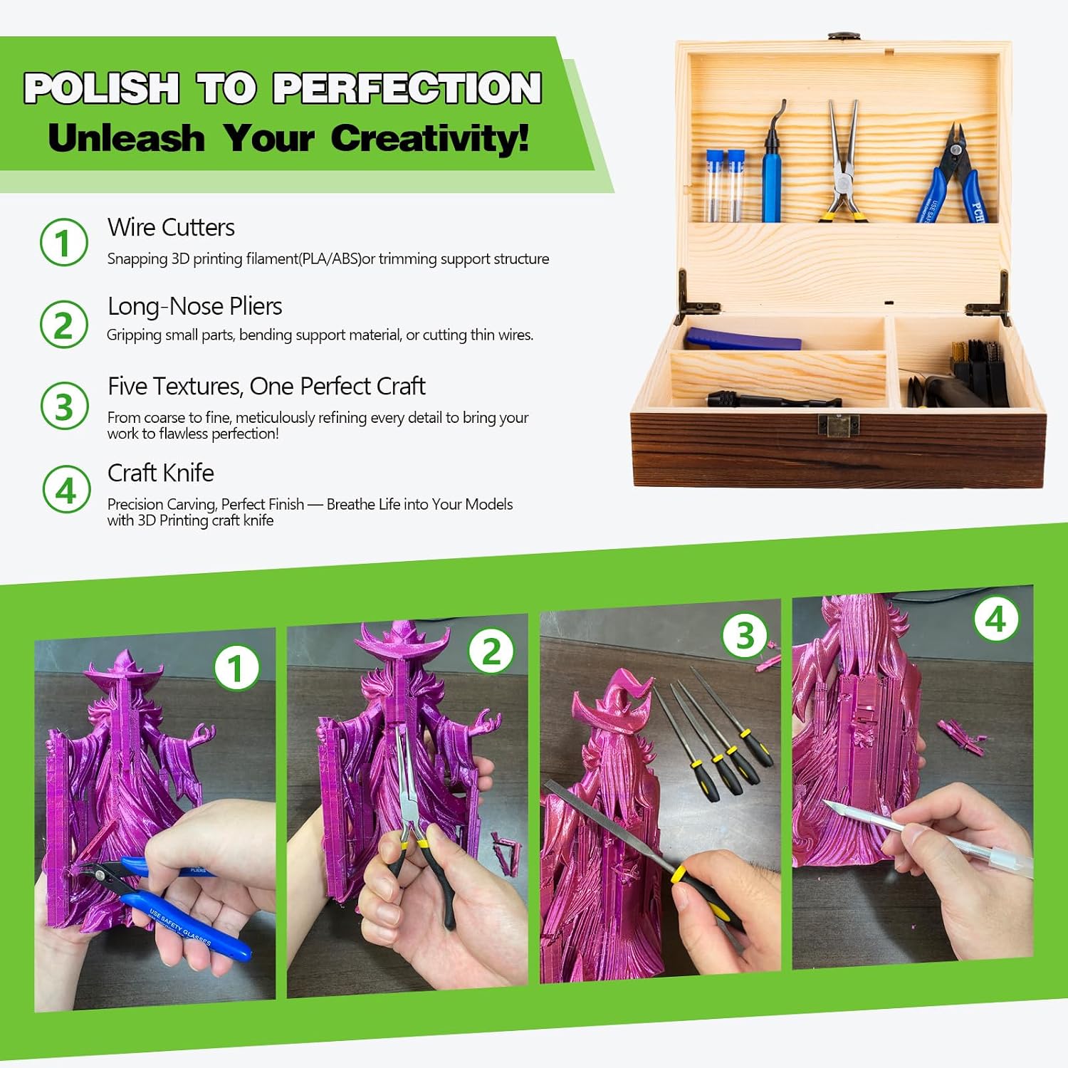 3D Printing Tool Set with Wood Box – 3D Printer Tools Features a deburring Tool, Wire Cutter, Drill, and Scraper for