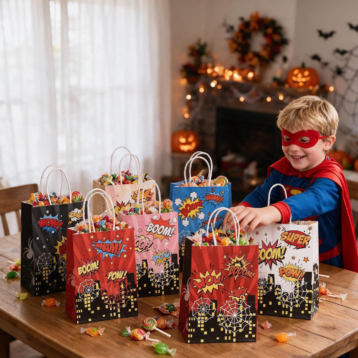 24Pcs Spider Party Paper Gift Bags, 6 Comic Designs with Handles