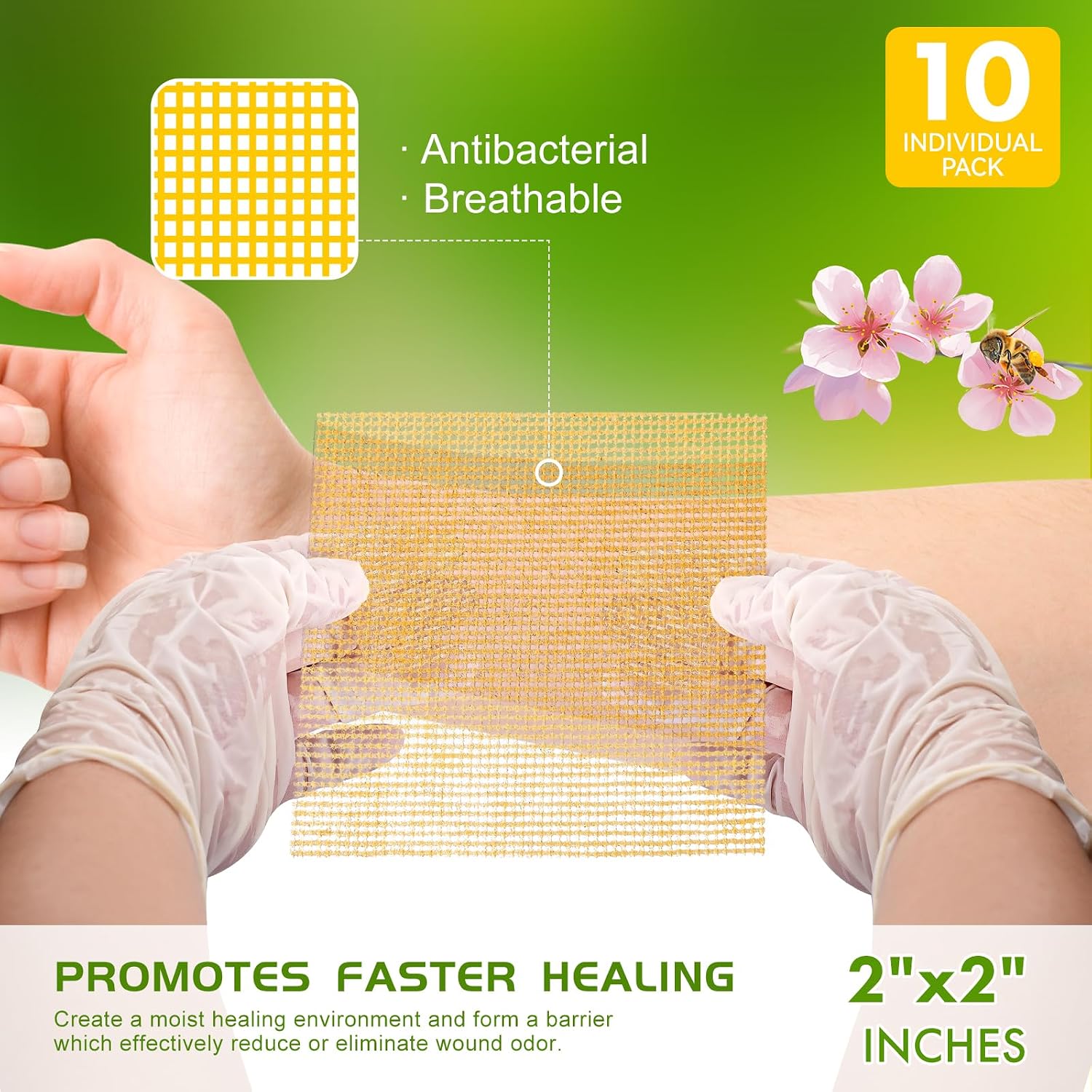 Manuka Honey Gauze Dressing 2"x2" Pack of 10, Manuka Honey Wound Care Bandage for Cuts, Scalds and Burns, Wound