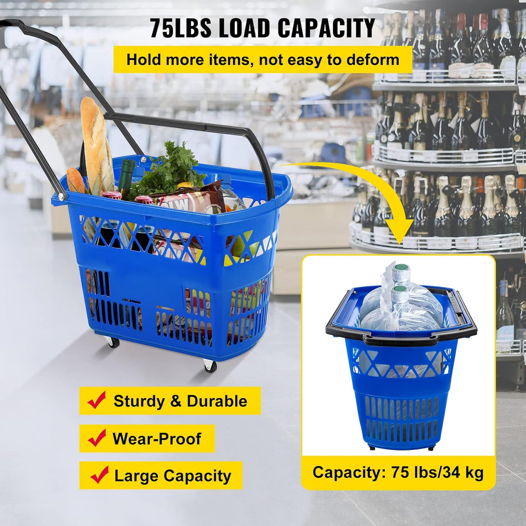 6PCS Shopping Carts, Blue Shopping Baskets with Handles, Plastic Rolling Shopping Basket with Wheels, Portable