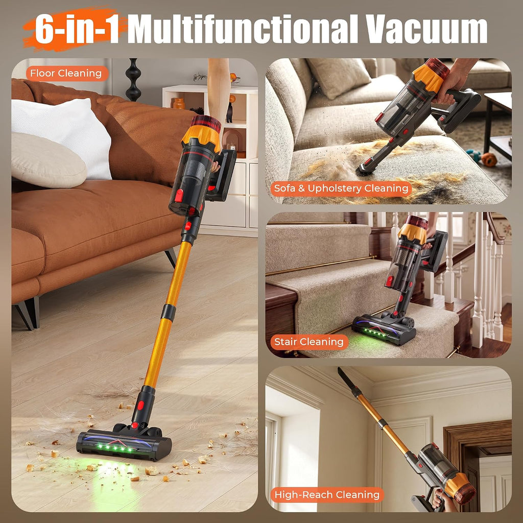 Cordless Vacuum Cleaner for Home, 55Kpa Suction, Up to 70-Min Runtime, Gold | 600W Bushless Motor, Self-Standing