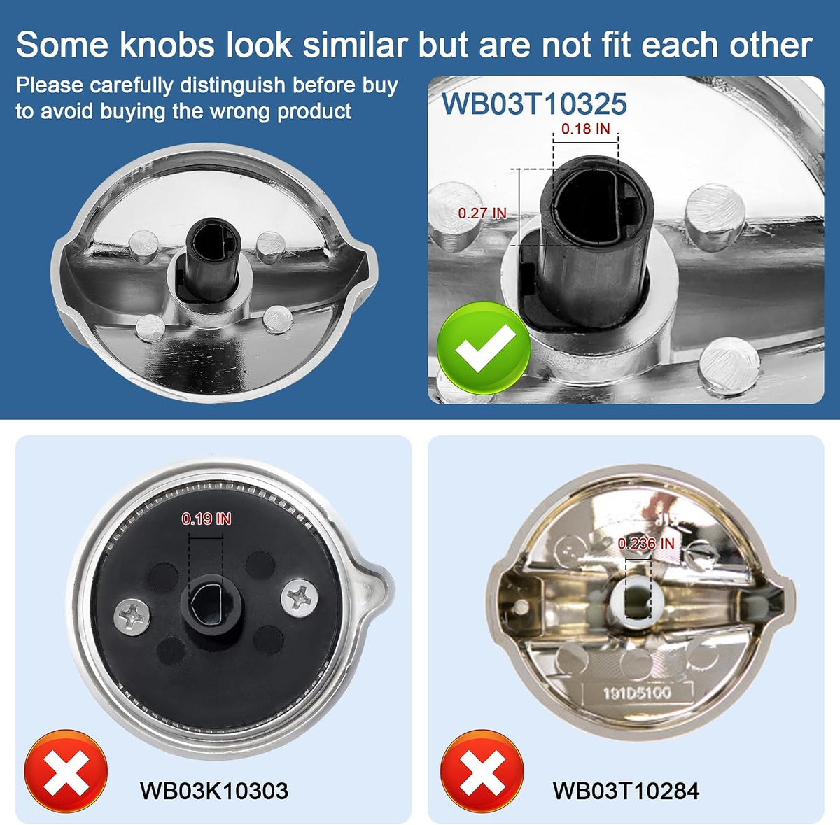 Fetechmate WB03T10325 Metal Replacement Stove Knobs Fit for General Electric/GE Range, 5 Pack Heavy Metal Burner Control Knobs D-Shaft Replace 2691864, JGP329SET1SS, JGP633SET2SS Stove Knobs