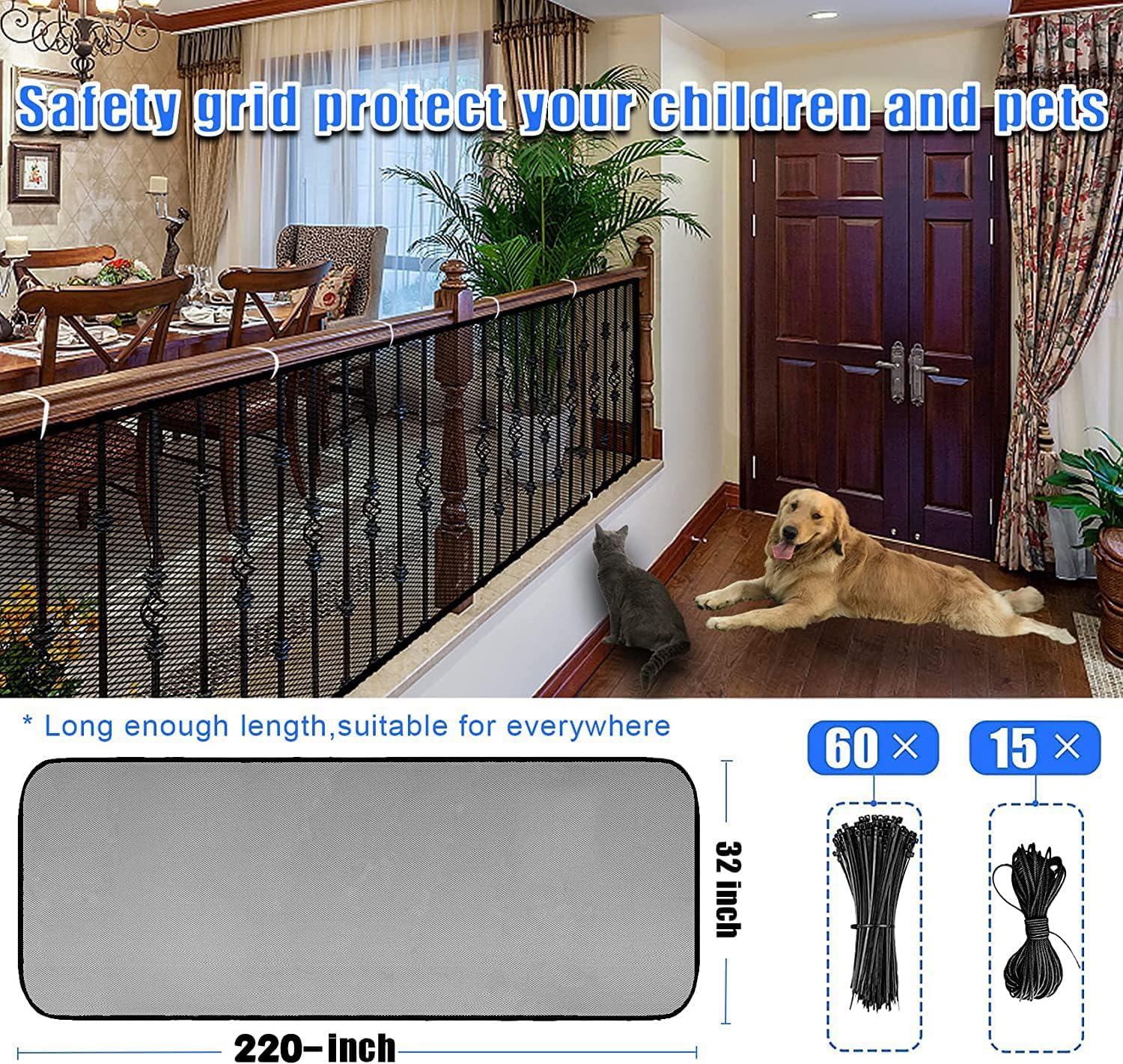 Stairway Net, Baby Gate for Stairs with No Drilling, Baby Safety Banister Guard Rail Net, 18 ft L x 2.66 ft H, Safety