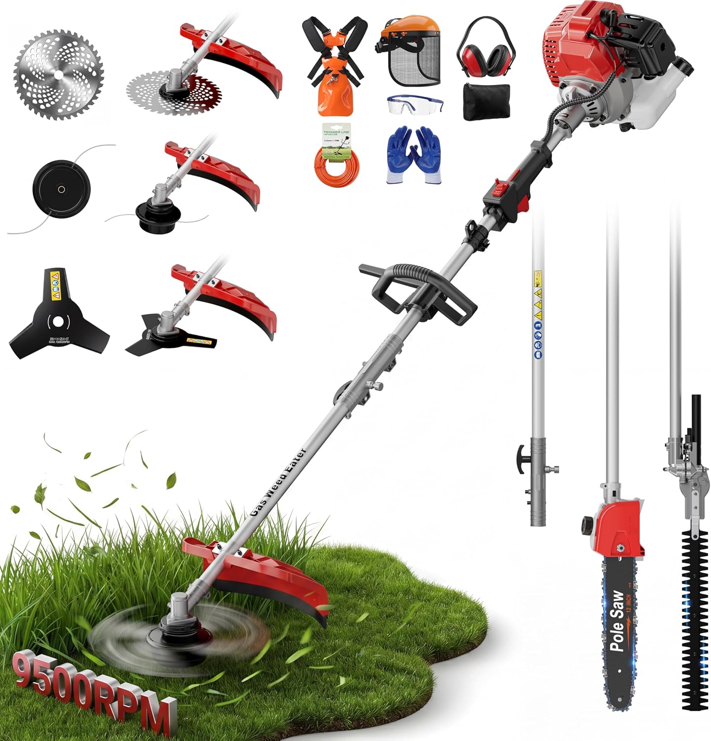 52CC Gas String Trimmer, 5-in-1 Brush Cutter System, Red | Aluminum Alloy Shaft, 18 in Line Head, 3T/40T Blades, 12