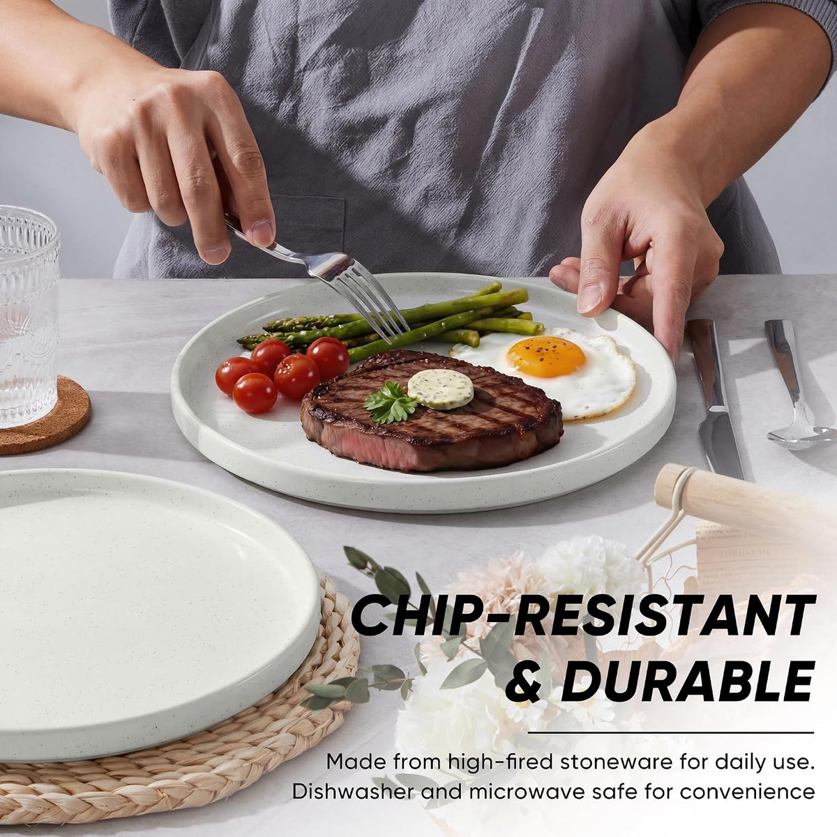 White Dinner Plates Set of 6, 10.5 Inch Stoneware Dinner Plate