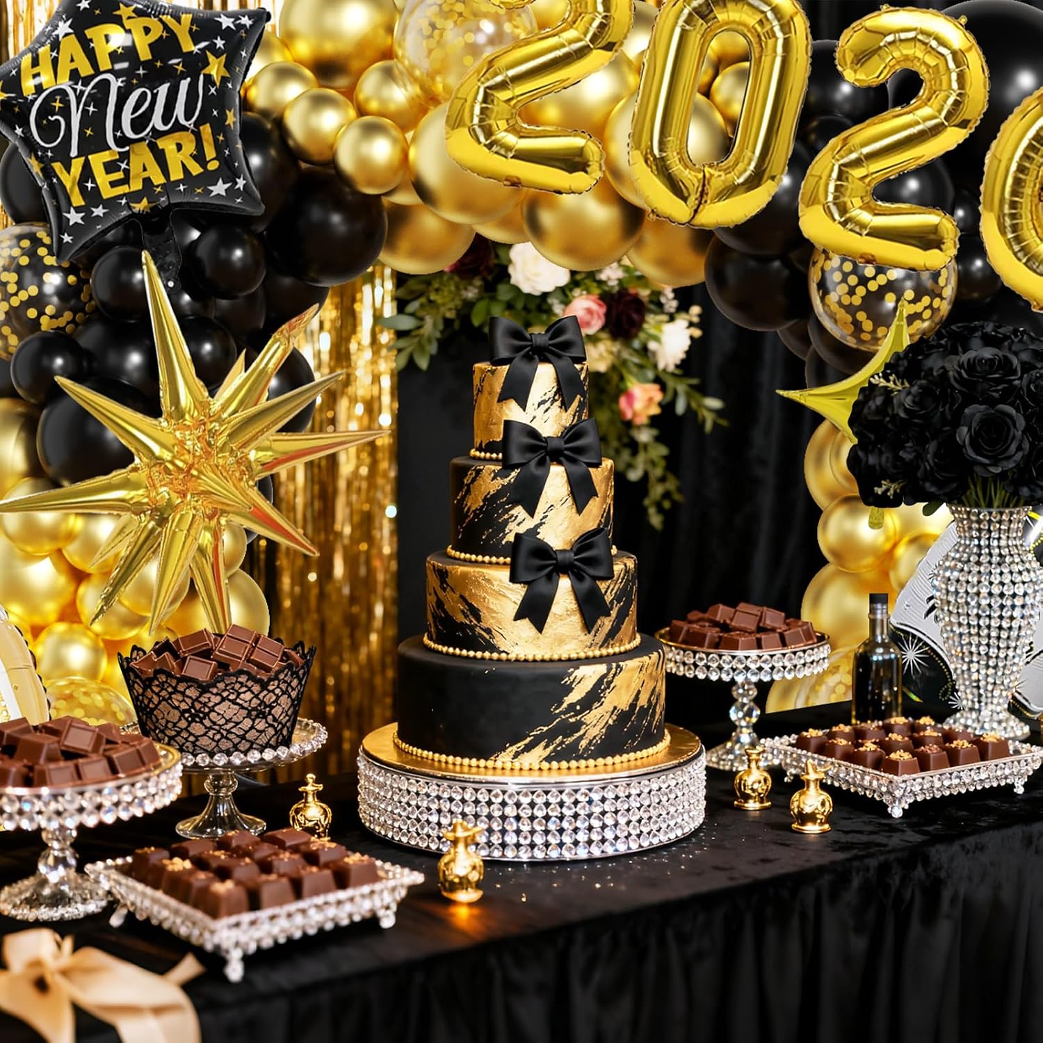 New Years Decorations 2026 Eve Party Supplies with Black Gold Confetti Balloons 2026 Number Balloons New Year Banner
