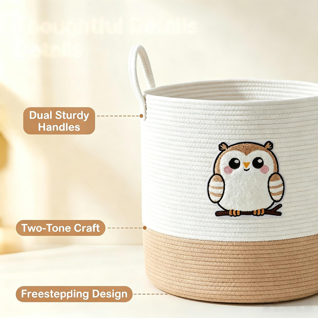 Owl Laundry Basket, Large Cotton Rope Hamper for Nursery